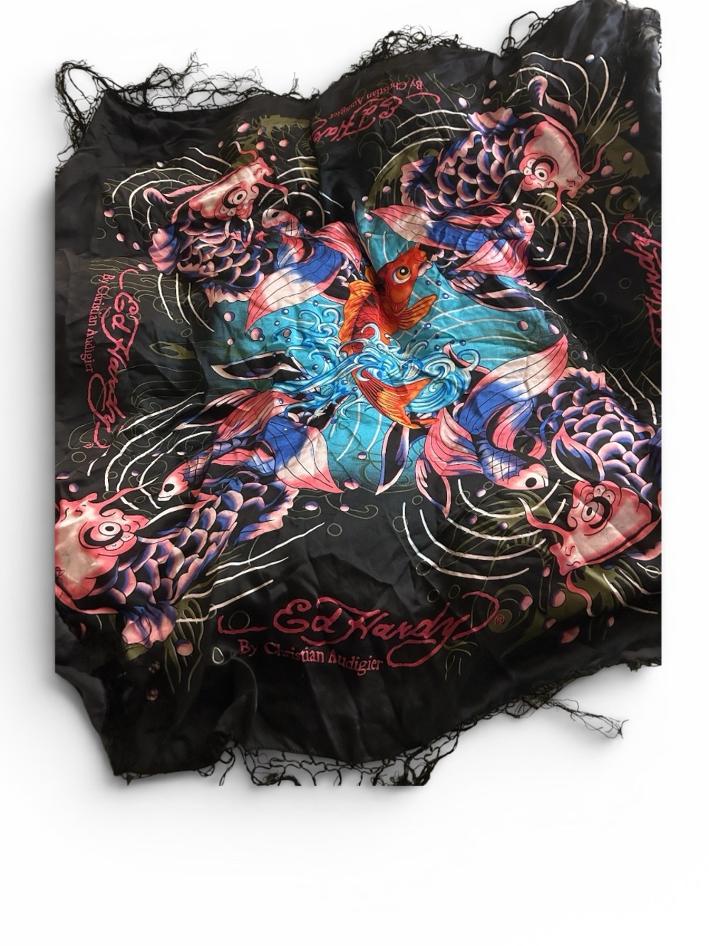 ED HARDY Christian Audigier Silk Scarf fringe coy gold fish black fringe Y2K 40”